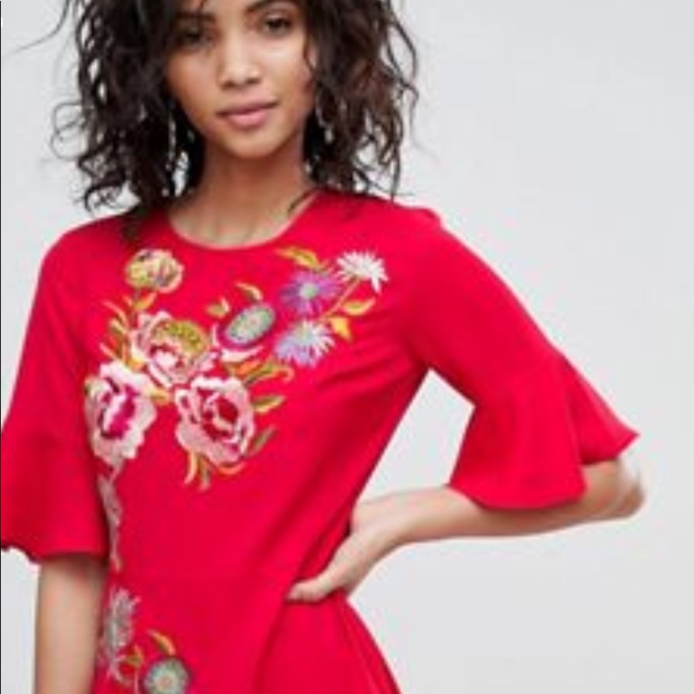 Red embroidered Ruffle Dress